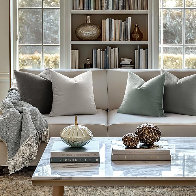MIULEE Velvet Throw Pillow Covers 22x22 Inch Pack of 2 Greyish White | Soft Solid Decorative Pillow Covers, Modern Luxury Home Decor, for Couch Chair Sofa Bedroom Livingroom