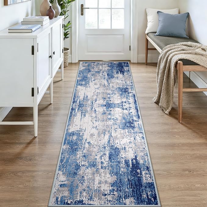 RELEANY Washable Runner 3'x12' Abstract Area Rug for Hallway Blue Gray | carpet for kitchen, entryway, bathroom, living room, bedroom, printed pattern, non-slip, soft, stain-resistant, easy to clean