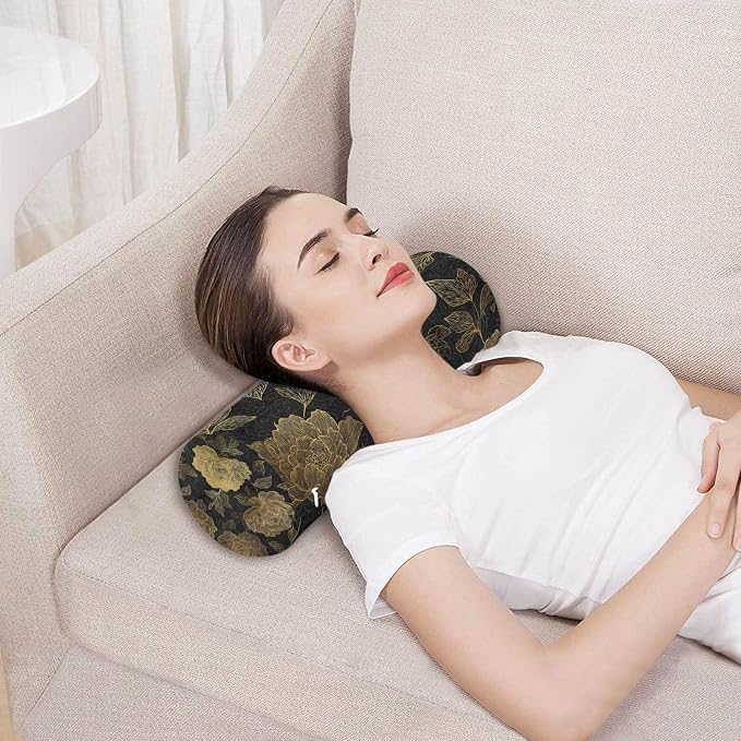 Gold Peony Neck Roll Pillow Bolster Round Health Memory Foam Long Cervical Cylinder Pillows with Removable Washable Cover for Body Bed Legs Back Yoga
