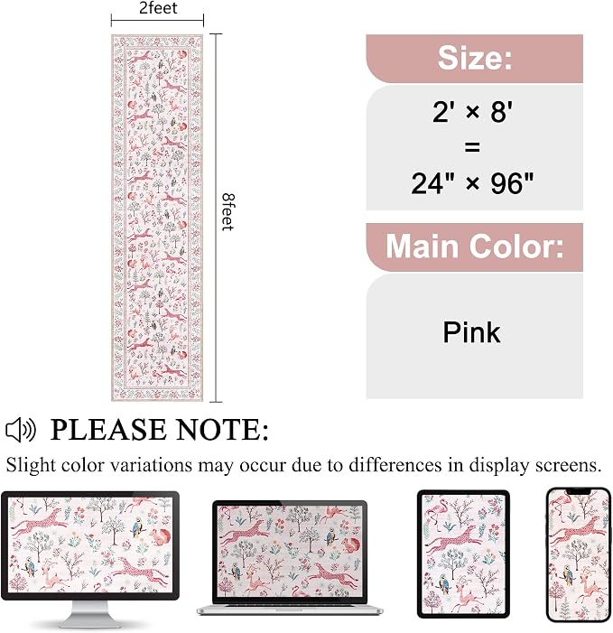 DUKINO 2x8 Washable Runner Rug, Non Slip Animal Kitchen Runner Rug, Pink | Soft, Low Pile, Non-Shedding Indoor Carpet Runner for Hallway, Entryway, Bedroom, Bathroom, Pet Friendly, Stain Resistant