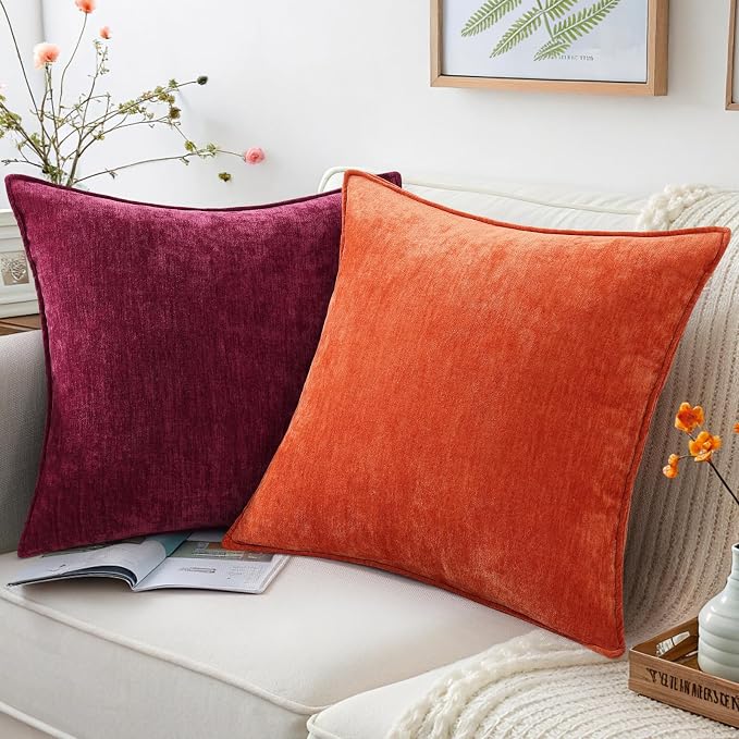 decorUhome Chenille Rhododendron Throw Pillow Covers 26x26 Set of 2 | Fall Soft Euro Sham Couch Decorative Modern Velvet Pillow Cases with Elegant Design for Sofa Bed Living Room Home Decor