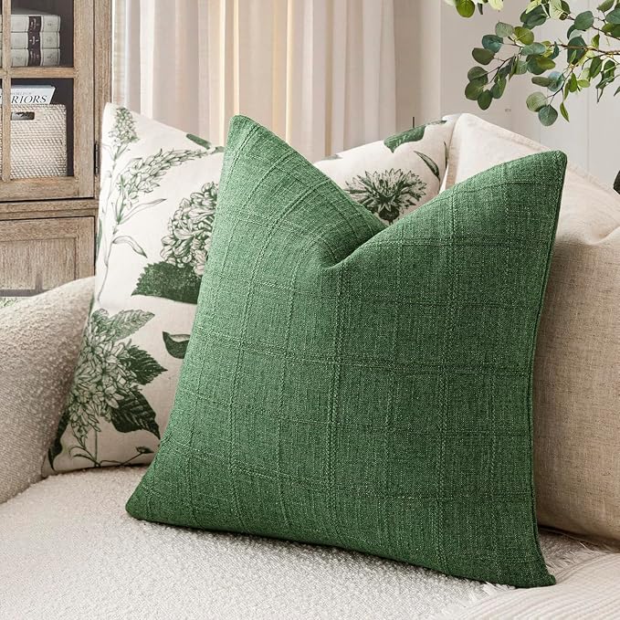 Foindtower Set of 2 Decorative Linen Check Throw Pillow Covers Neutral Farmhouse Vintage Cushion Covers Modern Boho Accent Home Decor for Sofa Chair Couch Bedroom Living Room,20×20 Inch,Forest Green