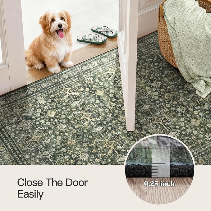 3x5 Area Rugs for Entryway, Green Washable Non-Slip Area Rug for Kitchen | Low Pile Soft Small Rugs, Vintage-Style Carpet for Bathroom Bedroom Tool Room, Stain Resistant Foldable Distressed Rug