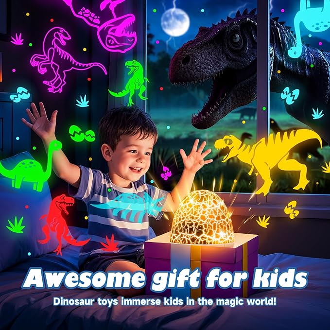 PIKOY Dinosaur Toys for Kids 3-5 Easter Gifts for Kids Toys Night Light Projector Dinosaur Eggs Easter Eggs | 15 Sounds & 3D Films | 31Colors & Remote Control | Boy Toys, Boys Room Decor