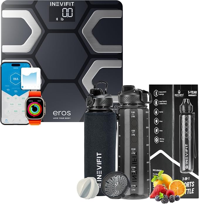 INEVIFIT Hydration & Weight Management Bundle, Bluetooth Eros Smart Body Fat Scale & 3-in-1 Sports Water Bottle for Health & Fitness