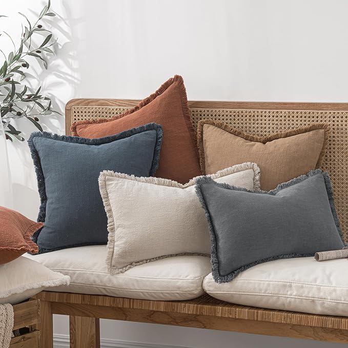 MIULEE Boho Linen Fringe Decorative Throw Pillow Covers Grey 20x20 | Set of 2, Cottagecore Decor, Boho Farmhouse Neutral Pillow Covers, Rustic Couch Cushion Cases for Sofa Bed Living Room