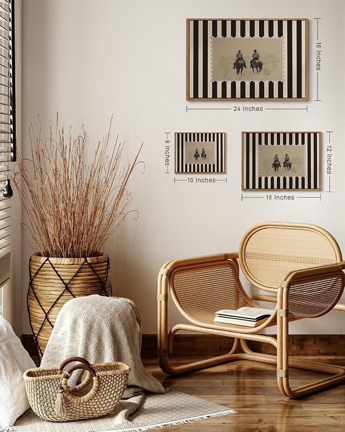 ZZLWBKGL Western Wall Decor Vintage Framed Wall Art Cowboy Canvas Art | Rustic Striped Artwork Retro Stamp Picture Mid Century Paintings for Living Room Bedroom 8x10in