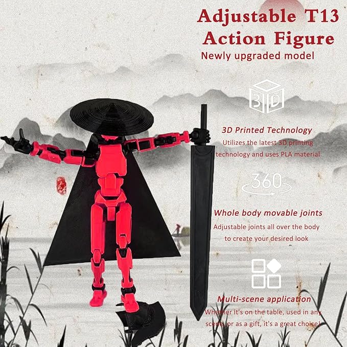 Already Assembled T13 Action Figure Accessories,Dummy 13 T13 Multi-Jointed Movable 3D Printed Toys (Black Red)