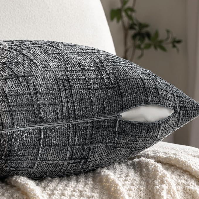 MIULEE Chenille Textured Throw Pillow Covers Dark Grey 18x18 Set of 2 | Slubby Decorative Pillows, Boho Farmhouse Home Decor, Modern Neutral Cushion Covers for Couch Sofa Bed Living Room