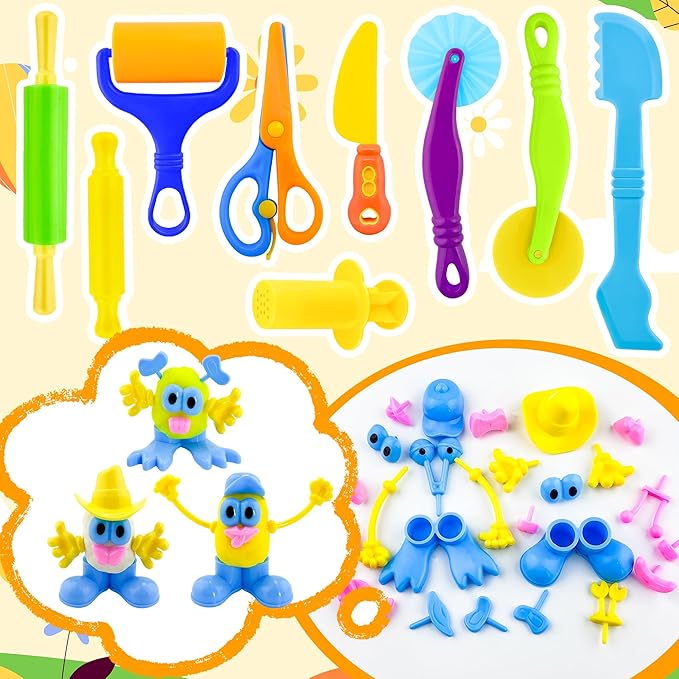 iShyan Dough Play Tools for Kids,35pcs Clay Tools Play Accessories with Cutters, Roller, Rolling Pins, Safety Scissors, Plastic Knife, Dough Body Part
