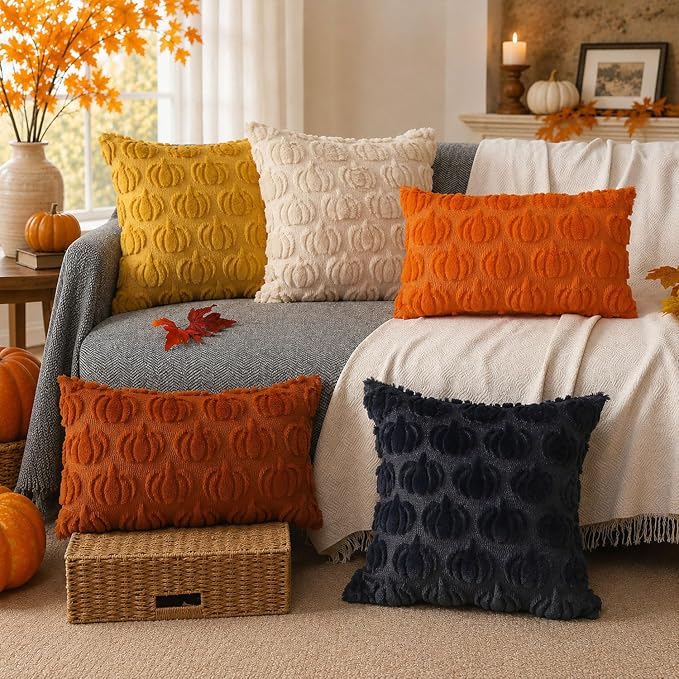 DFXSZ Fall Pillow Covers 18x18 2Pcs Beige Pumpkin Fall Decorations for Home | Fall decor Set of 2 Throw Pillow Cases Soft Plush Faux Fur Wool Couch Cushion for Chair Sofa Bedroom Living Room Home Decor