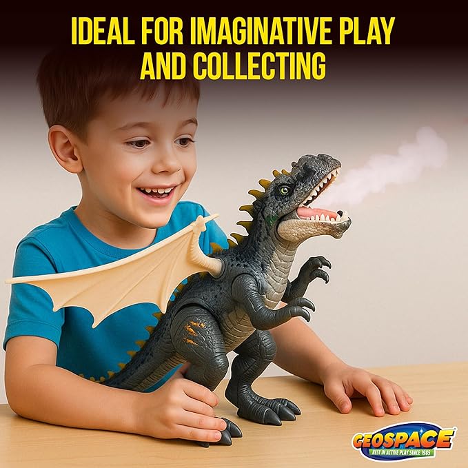 Geospace New Dragon Walking Dinosaur Toy – Smoke Breathing Fire Dragon Toy for Kids 3 & up, Walking Dinosaur Toys with Lights, Roaring Sound, Dragons Action Figure, Dragons for Gift (T-Rex)