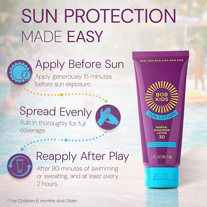 Brush On Block - Sunscreen for Kids & Baby - BOB KIDS Mineral SPF 30 Lotion - 22% Zinc Oxide, No White Cast, Reef Safe - Non Toxic Sunblock with Coconut Oil - Sensitive Skin Face & Body 3oz