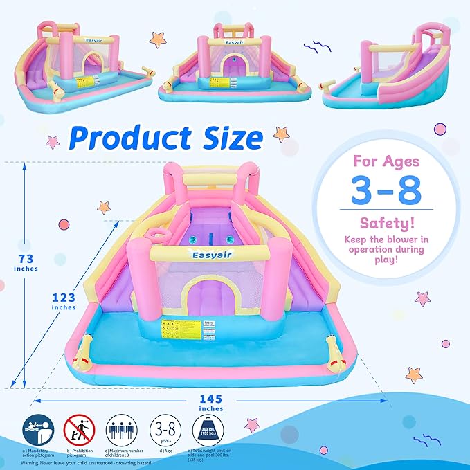 Inflatable Water Slide Bounce House for Kids, 12.1 FT x 10.3 FT Small Water Park Bouncy Castle, Double Slides, Jumper, Climbing Wall, Basketball Hoops, Included Blower