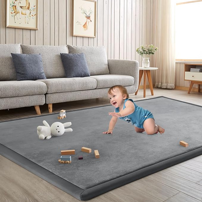 Baby Play Mat for Floor Nursery Rug Muscle Mat Area Rug Playroom Rug 79"x110" Playpen Mat Elastic Foam 1.3" Thick Crawling Mat for Babies,Toddlers, Infants, Kids,Grey