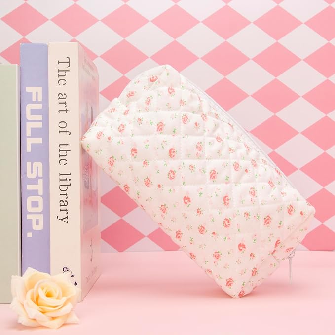 PAZIMIIK Small Quilted Makeup Bag,Zipper Cosmetic Pouch,Gauze Rose | Lightweight Cosmetic Bag Organizer for Women,Purse Storage Holds Makeup,Toiletries,Skincare,Beauty Essentials,Travel Items