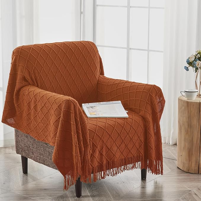 inhand Orange Rust Knitted Throw Blanket for Couch and Bed, 60"x80" | Soft Cozy Knit Blanket with Tassel, Lightweight Decorative Blankets and Throws, Farmhouse Warm Woven for Men and Women