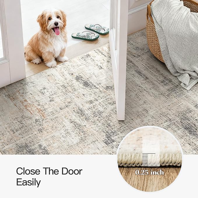 3x5 Area Rug for Entryway, Gold Abstract Washable Non-Slip Rug for Kitchen | Low Pile Soft Small Rugs, Abstract Carpet for Bathroom Bedroom Tool Room, Stain Resistant Foldable Distressed Rug