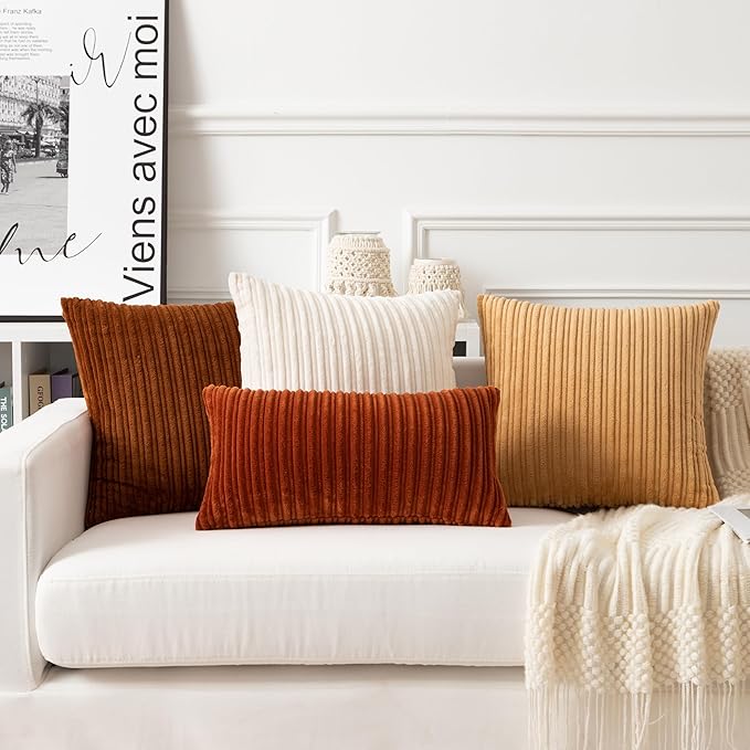 UGASA Velvet Lumbar Throw Pillow Cover, Both Sides Corduroy Striped Soft Solid Decorative Rectangular Cushion Case for Couch/Bedroom/Car, 1 Piece, 12x20 Inch, Brown