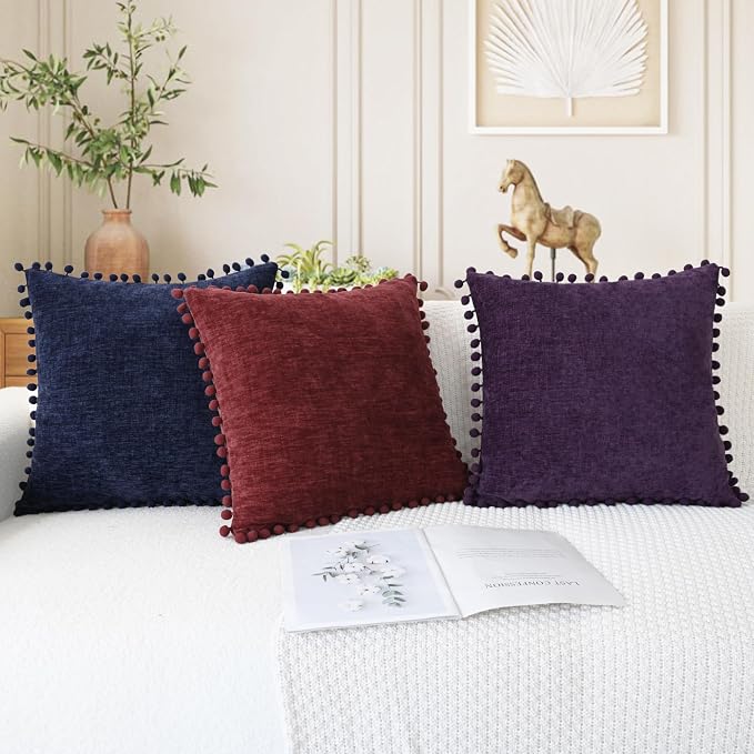 CaliTime Decorative Couch Throw Pillow Covers 20 X 20 Inches Burgundy | Pack of 2, Cozy Chenille Cushion Cases, with Pom Poms for Sofa Bed Living Room Farmhouse Home