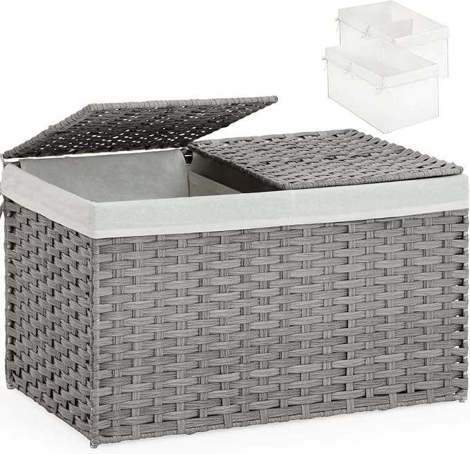 SETVSON Storage Basket with Lid, PE Rattan Woven Storage Bin, Gray | Dual Lid Blanket & Clothes Organizer, Divided Storage Bin, 2 Washable Liner Bags, Collapsible PE Rattan Trunk