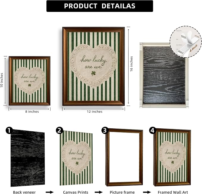 Framed How Lucky Are We Wall Art Vintage Inspirational Quotes Decor Print | Green Striped Lace Heart Aesthetic Painting Poster Trendy Preppy Canvas Picture for Bedroom Collage Ready to Hang 8x10in