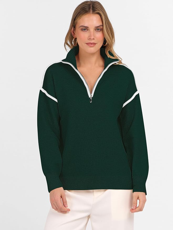 ANRABESS Womens Quarter Zip Sweaters Fall Long Sleeve V Neck Shirts Collared Business Casual Tops Knit Pullover Sweatshirts