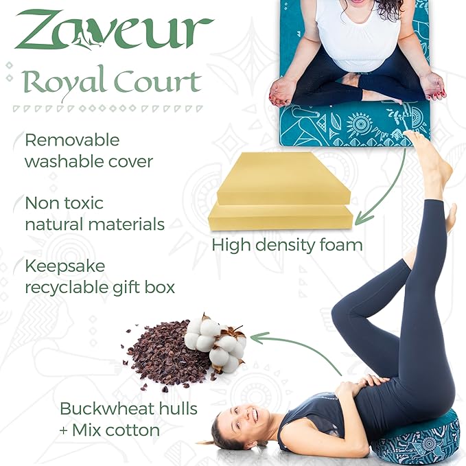Zaveur Royal Court Zafu Meditation Cushion - 18" Round Yoga Bolster Pillow with 100% Cotton Filling and Canvas Cover - Premium Floor Pillow for Meditation - Yoga Cushion for Sitting on Floor - Green