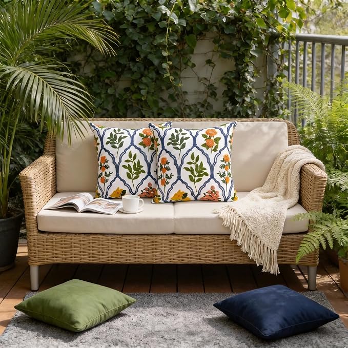Alysheer Spring Summer Floral Embroidered Decorative Throw Pillow Cover 18"x 18" Set of 2, Orange Flowers Embroidery Patterned Multicolor Cushion Case for Sofa Couch Living Room Bedroom Outdoor