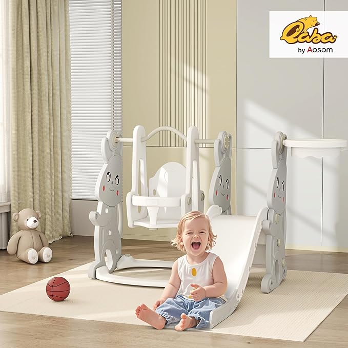 Qaba 4 in 1 Toddler Slide and Swing Set, Kids Playset for Ages 1.5-4, Rabbit Themed Children Slide Playground with Climber, Basket Hoop, for Indoor Outdoor Backyard, Gray