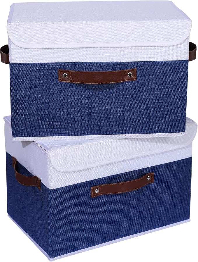 ANMINY Fabric Storage Box Bins with Lids, Blue White, 15"x10"x10", 4 Pack | Keepsake Memory Storage, Cotton Linen, PP Board Reinforced, Washable, PU Handles, Foldable & Stackable, Decorative, Large
