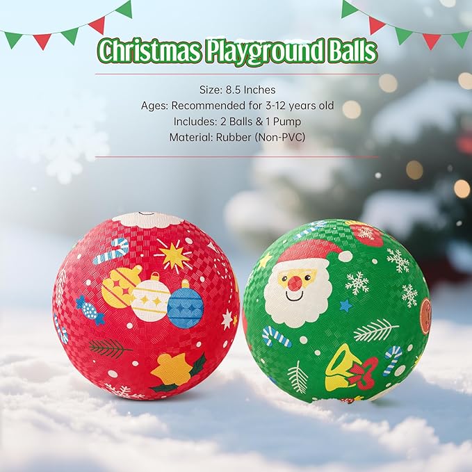 ZOOJOY Pack of 2 Cartoon Playground Balls,Christmas Balls for Toddler 3-12, 8.5" Rubber Ball Bouncy Kickball, Indoor & Outdoor Game Toys for Boys Girls with Pump