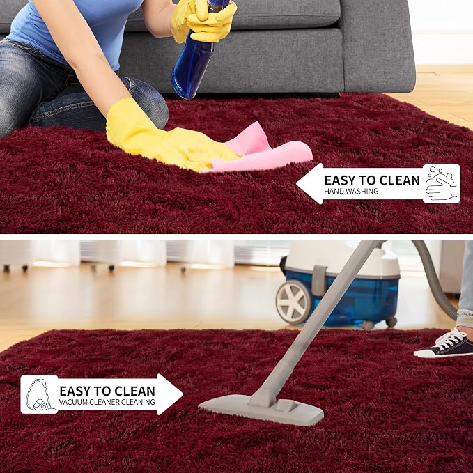 Tepook Fluffy Burgundy Rugs for Living Room, 9x12 Dark Red Area Rug for Bedroom, Soft Shaggy Plush Floor Carpet for Kids Girls Boys Room, Indoor Non Slip and Washable Carpets for Nursery Home Decor