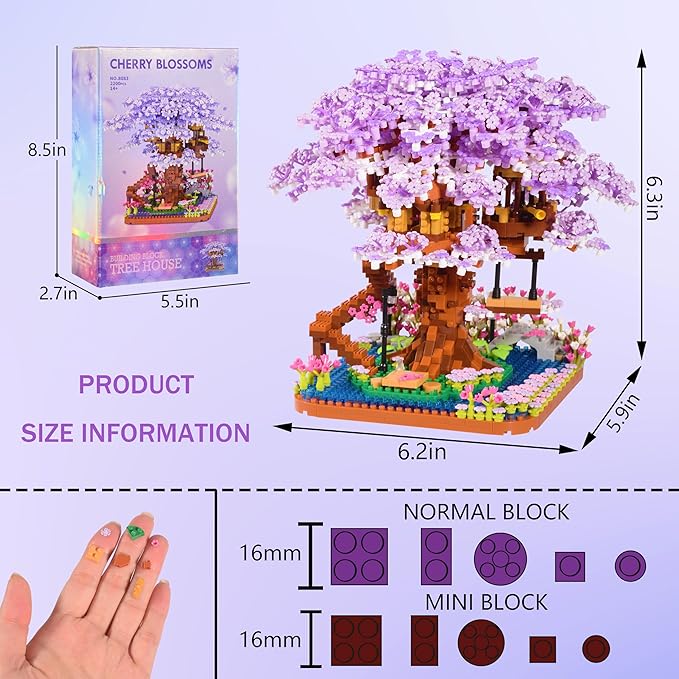 Cherry Blossom Bonsai Tree Micro Building Set Creative Gift for Adults Girls Boys 14+, Japanese Purple Cherry Tree House Micro Blocks Model for Adults, Flowers House 2200PCS