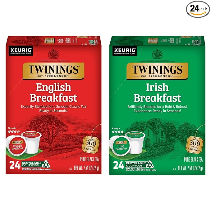 Twinings English Breakfast Black Tea K-Cups for Keurig, 24 Count (Pack of 1) + Irish Breakfast Black Tea K-Cups for Keurig, 24 Count (Pack of 1)