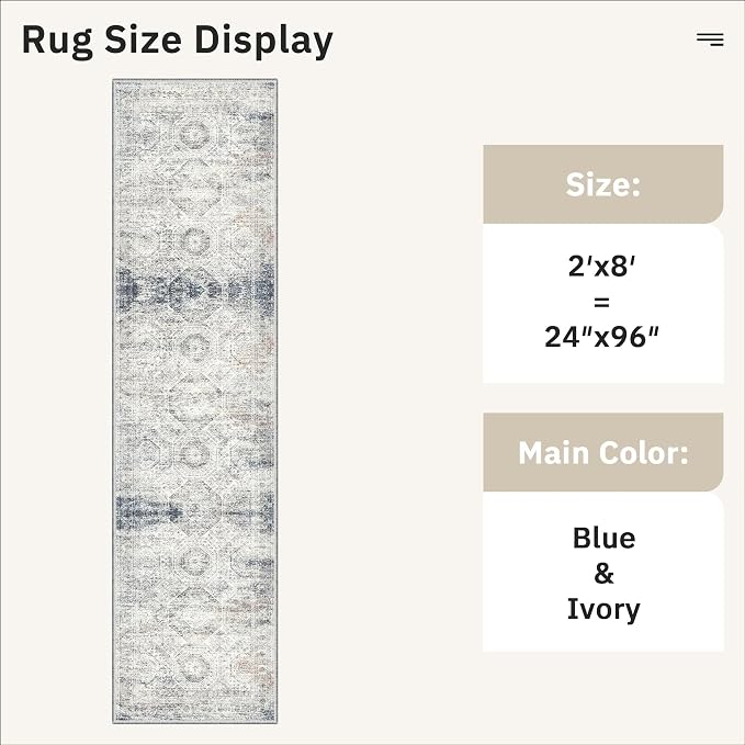 Soalmost Runner Rug 2x8 Washable Hallway Kitchen Runners Blue/Ivory | Non-Slip Vintage Rugs for Bathroom Laundry Room, Soft Low Pile Foldable Floor Carpet Mat for Entryway Corridor Bedroom