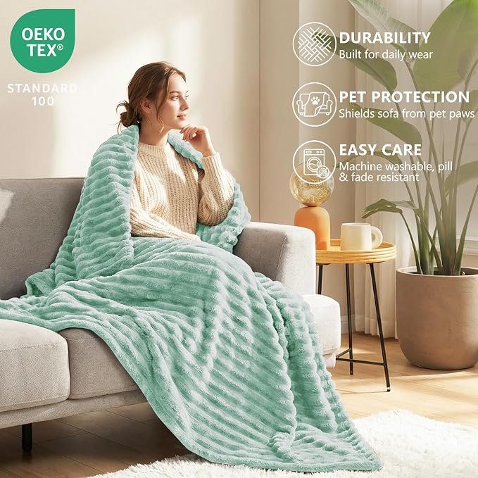HIMEET Sage Green Queen Blanket for Bed, 300GSM Ribbed Fleece, 90 x 90 in | Ultra Soft Flannel, All-Season Lightweight Warmth, Cozy Bed Coverage & Bedroom Decor, Gift for Men & Women, Machine Washable