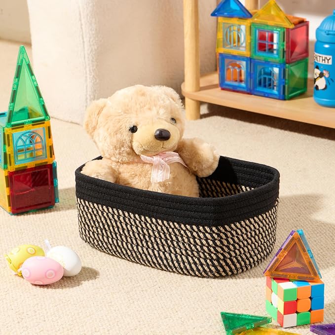 MiniArk Small Storage Baskets for Organizing | Closet Organizer Bins | Shelf Toy Basket | Woven Rope Baskets | Cube Decorative Box | Shallow Basket | 11.5x7.5x4.7” | 3 Packs Black Brown