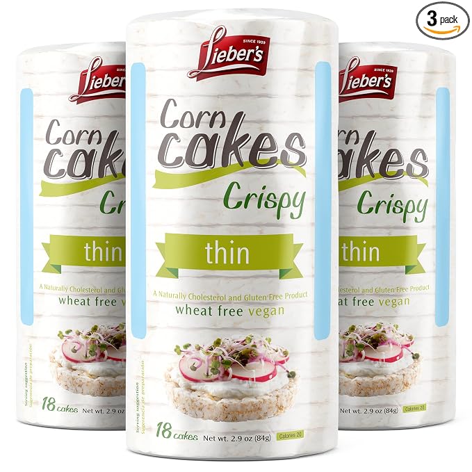 Lieber's Corn Rice Cakes, Gluten-Free Vegan Snack, 2.9 Oz, Pack of 3 | Kosher Certified, Dairy-free and Wheat-free, Made with Whole-grain Brown Rice and 60 Calories or Less per Cake.