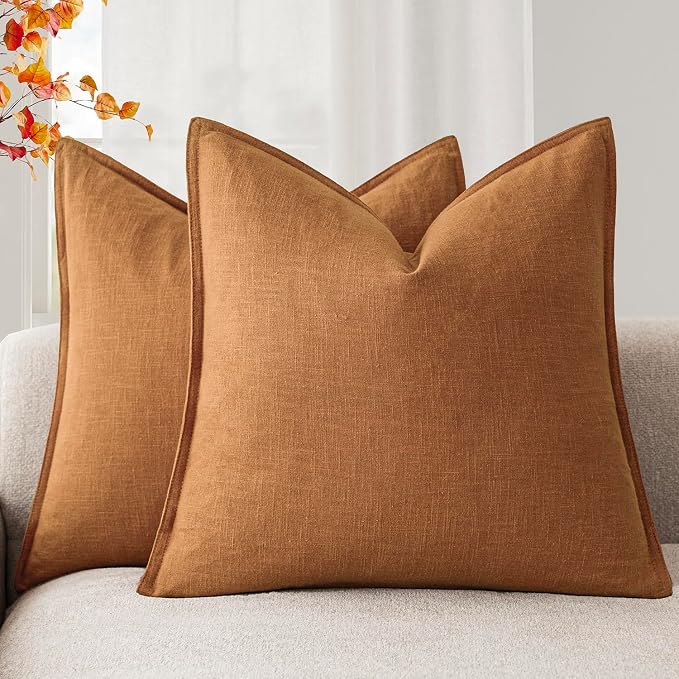 Foindtower Set of 2, Decorative Linen Solid Throw Pillow Covers Soft Accent Cushion Euro Case Boho Farmhouse Pillowcase for Chair Couch Sofa Bedroom Living Room Home Decor 24 x 24 Inch Autumn Orange