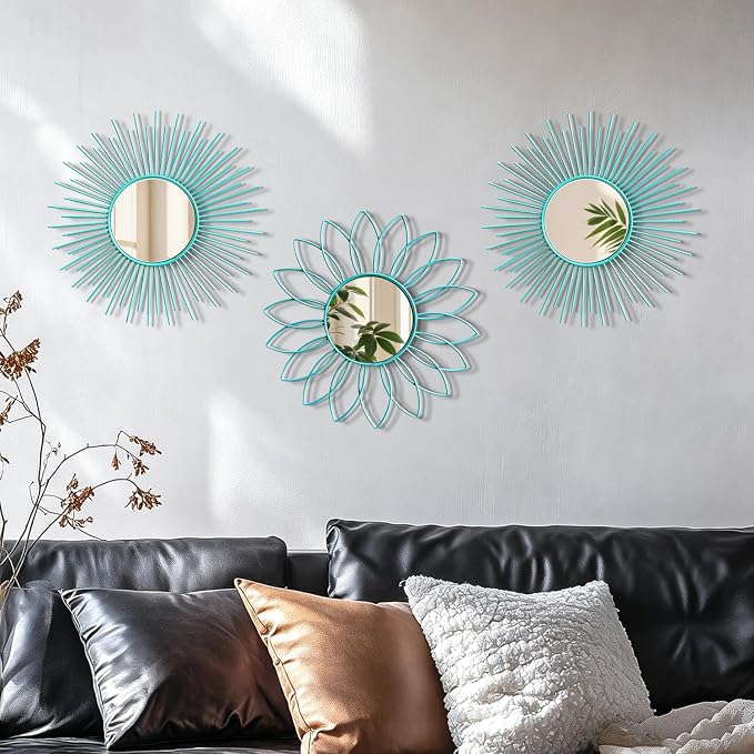 3 Pack Metal Mirrors for Wall Sunburst Wall Mirrors Home Décor Decorative Hanging Wall Art for Living Room Bedroom Entryway (Greenish Blue, Flower+Sunburst)