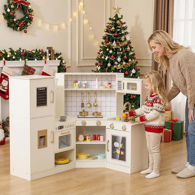 Costzon Kids Corner Play Kitchen, Pretend Play Kitchen Set w/Ice Dispenser, Stoves, Oven, Microwave, Dishwasher, Water Faucet & Accessories, Wooden Toy Kitchen Playset for Boys & Girls 3+
