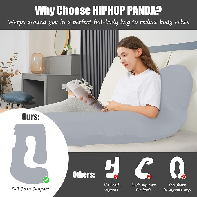 HIPHOP PANDA U-Shaped Pregnancy Pillow for Sleeping - Full Body Maternity Support Pillow with Removable Cover - Comfort for Back, Hips, Legs, Belly - 57 Inch for Pregnant Women, Light Grey