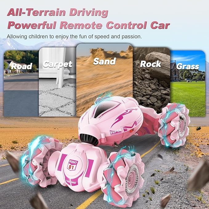 Pink RC Car Toys for Girls Aged 6-12, Gesture Sensing RC Stunt Cars with Lights Music for Girl Birthday Xmas Gifts, 2.4GHz 4WD Pink Remote Control Toy Double-Side Flip 360° All-Round Rotation