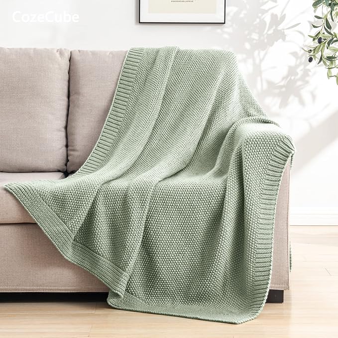 CozeCube Sage Green Seed Stitch Throw Blanket 50"x60", Farmhouse Decor | Blanket for Couch, Soft Cozy Cable Knit Throw for Bed Sofa Living Room, Lightweight Warm Decorative Christmas Blanket
