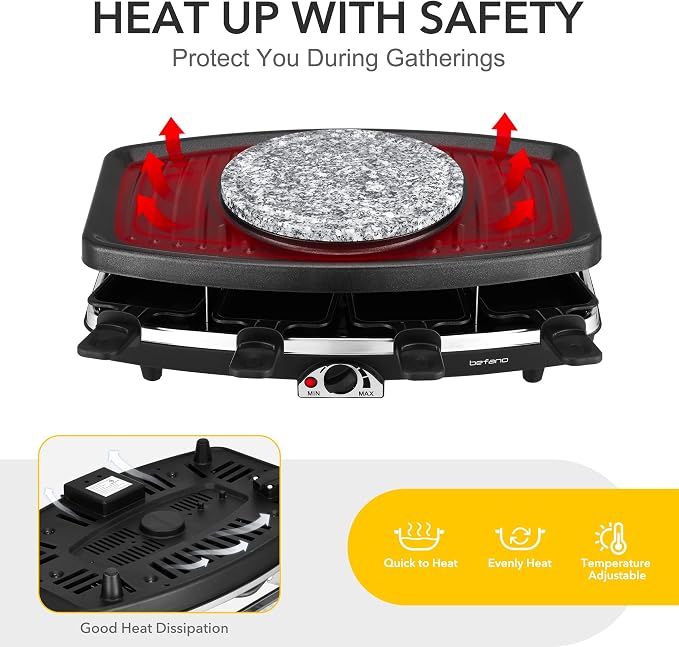 Electric Raclette Grill With Fondue Pot, 1100W Table Grill for 8 Peopl | 3-In-1 Raclette, Fondue And Grill Design, 1100W Heating, 8 Serving Pans, Adjustable Temperature for Indoor Gatherings
