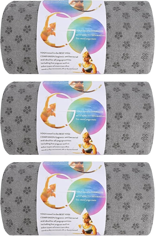 3 Pack Hot Yoga Towels with Plum Blossom Grip Dots, Non Slip Yoga Mat Towel, Super Absorbent Soft Suede Microfiber Mat Cover for Hot Yoga, Pilates, Bikram & Workout,(24" x 72", Dark Grey)