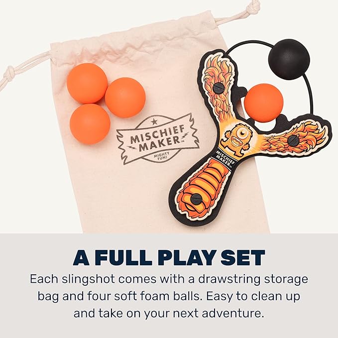 Mischief Maker® Wooden Slingshot - Lil’ Monster Series - Real Wood Slingshot for Kids, 4 Soft Foam Balls and Storage Bag - Ages 4+ (Orange)