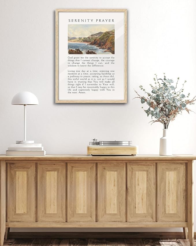 EcoHest 16x20 in Serenity Prayer Mountain Framed Christian Wall Art | Solid Oak Wood Frame with Canvas Wall Art, Scripture Bible Verse Wall Decor for Bedroom, Living Room, Office, Church, 1Pack