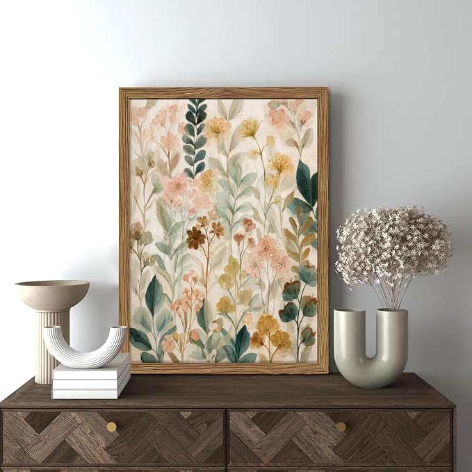 Framed Boho Floral Wall Art, Neutral Botanical Wildflower Canvas Wall Decor Painting, Vintage Flower Poster Print Picture for Living Room Bathroom Bedroom 16x24 Inch